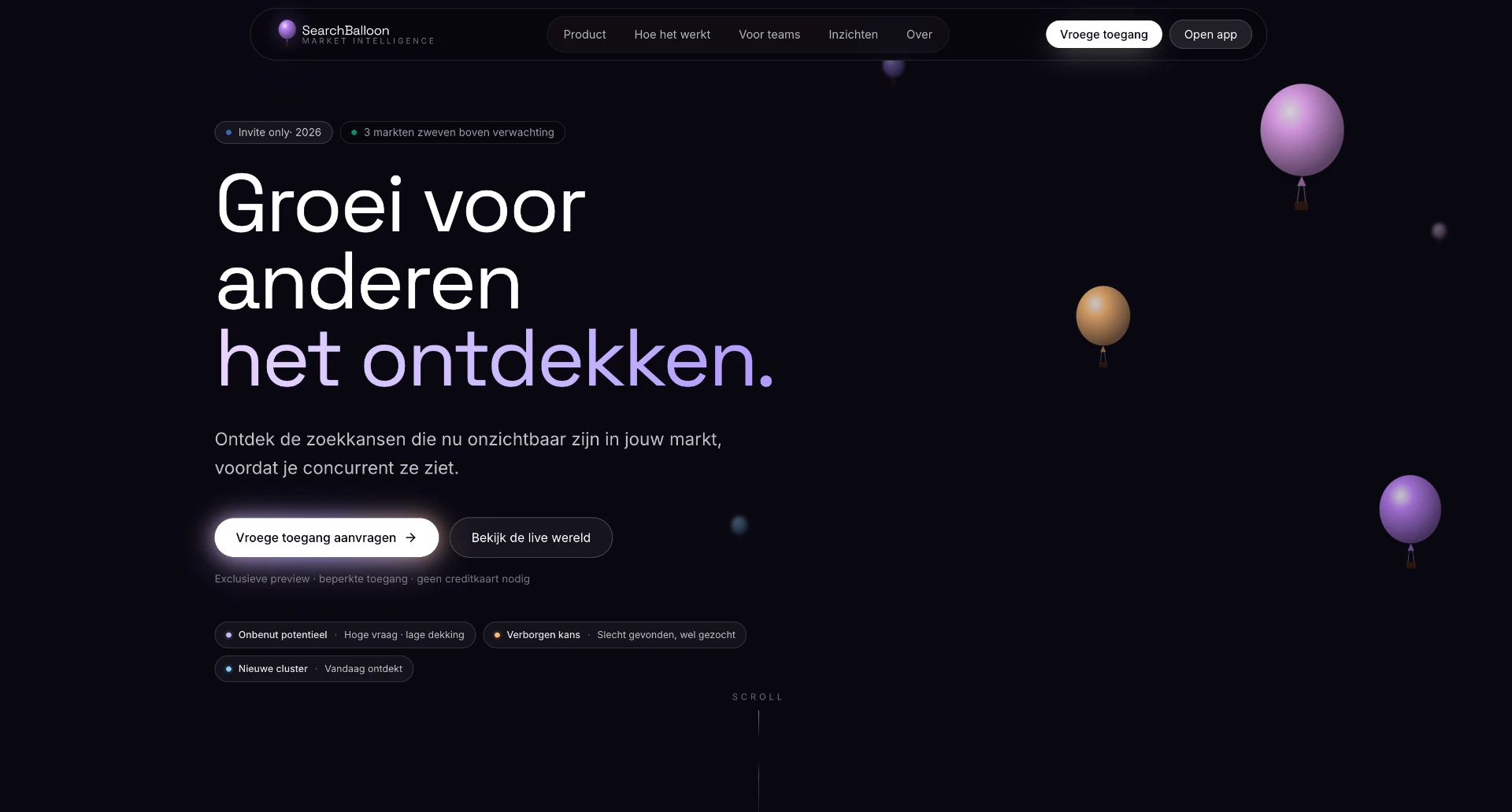 Startscherm van SearchBalloon met marktsignalen en zoekkansen