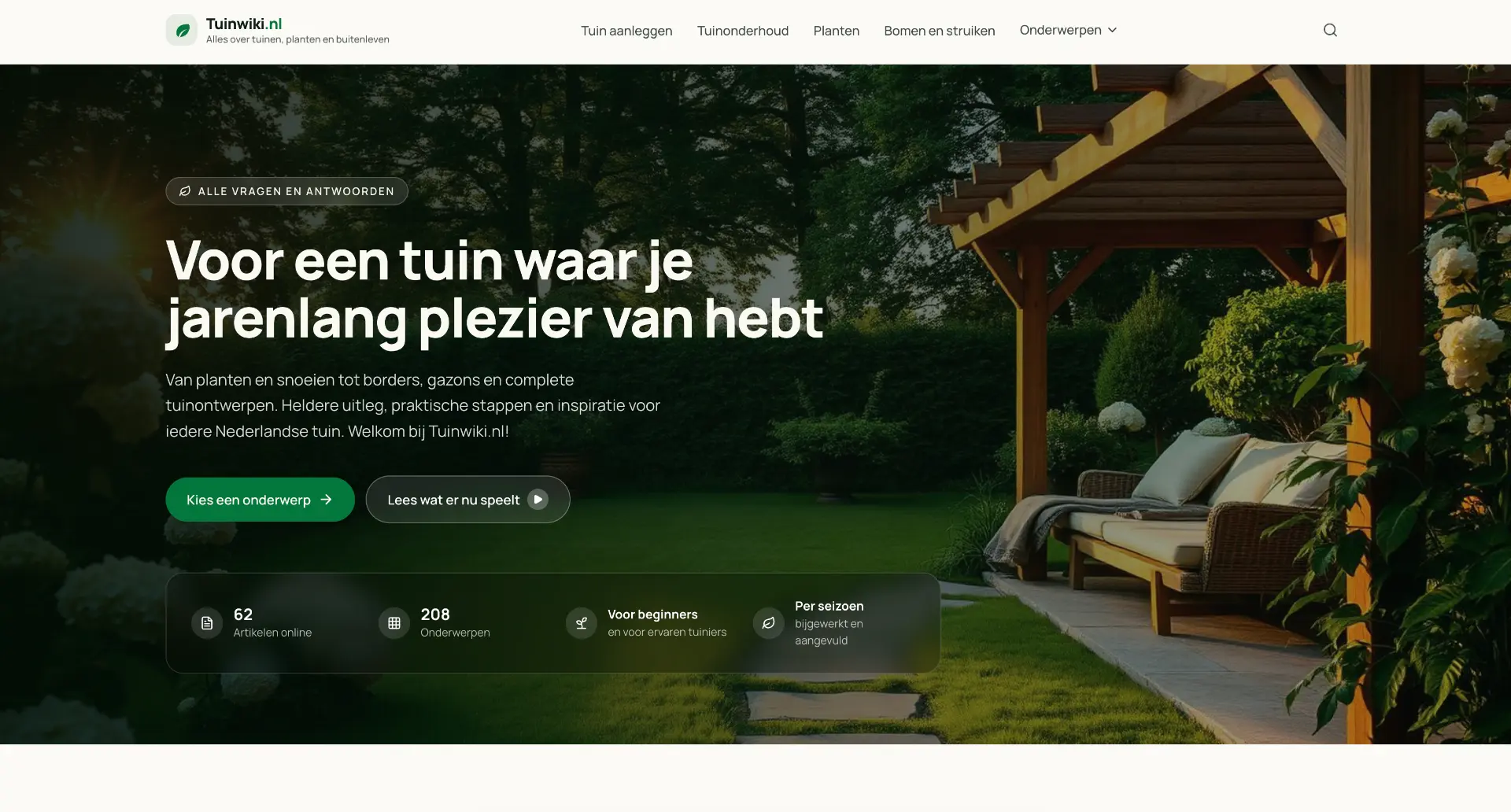 Homepage van Tuinwiki.nl met tuinonderwerpen en artikelen