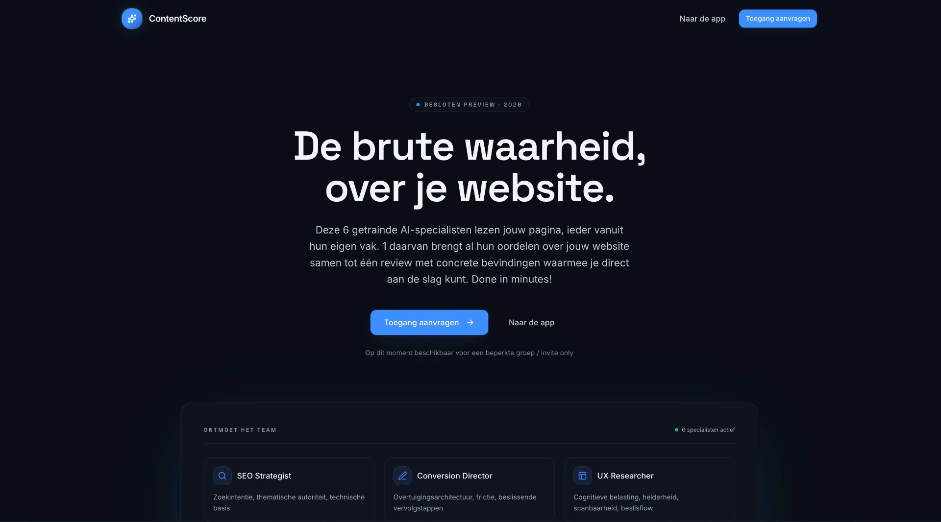 Startscherm van Contentscore met de AI-specialisten die een pagina beoordelen